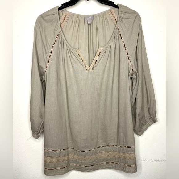 J. Jill Tops - J Jill Women’s 3 quarter sleeve Boho Peasant with Lace Trim Linen Blend brown L